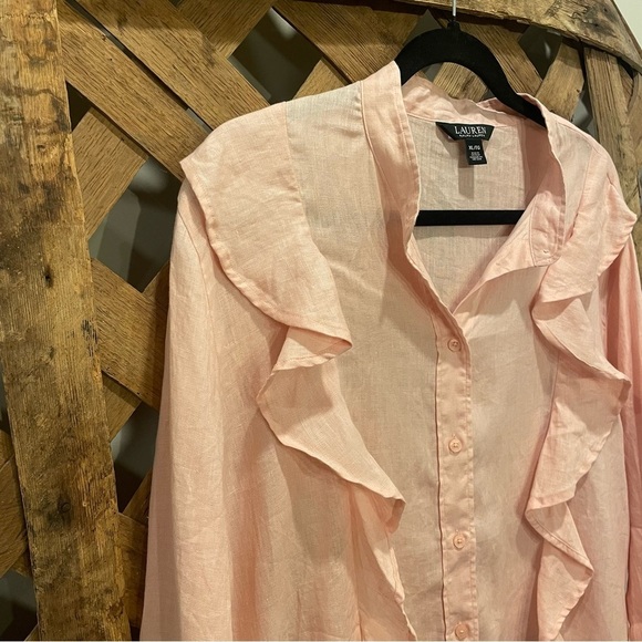 Ralph Lauren Black Label Ruffle Linen Button Down Top Size XL - Picture 2 of 10